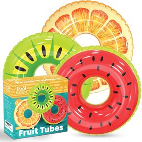 Inflatable Pool Floats (3 Pack) | Large Fruit Pool Floaties (32" Diameter) | 3 Pack Pool Tube Includes Orange, Watermelon & Kiwi - Pool Tubes for Kids | Inflatable Pool Toys by Poolsider