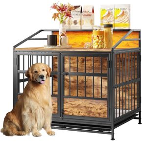 35'' Dog Cage Furniture, Large Wooden Dog Crate Furniture with Storage and Double Doors, Brown Dog Kennel Indoor End Table for Large Medium Dog