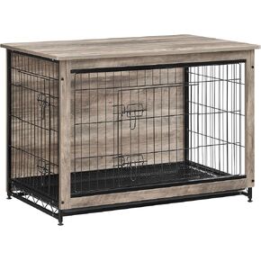 Feandrea Dog Crate Furniture, 38.6" Side End Table, Modern Kennel for Dogs Indoor up to 70 lb, Heavy-Duty Dog Cage with Multi-Purpose Removable Tray, Double-Door Dog House, Greige UPFC003G01