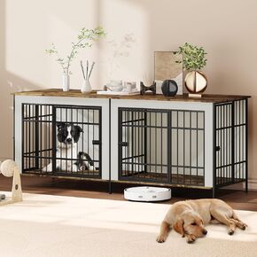 Erinnyees 79" Double Dog Crate Furniture, Extra Large Dog Cage Large Breed, Wooden Dog Crate TV Stand, Furniture Style Dog Kennel with Divider, Beige