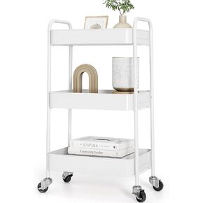TOOLF 3-Tier Metal Rolling Cart with Wheels, Storage Utility Organizer Cart for Kitchen, Bathroom, Office, Baby Essentials & Makeup - Lockable Casters, Easy Assembly, Large Capacity, White