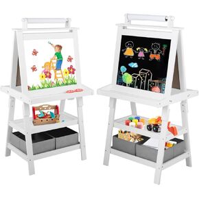 Kinder King 3 in 1 Kids Art Easel w/Storage, Double-Sided Magnetic Whiteboard & Chalkboard, Dry-Erase Board w/Paper Roller, Toddler Children Standing Easel for Painting & Drawing, Accessories(Grey)
