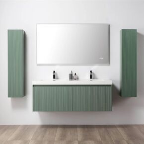 Blossom Positano Wall Mounted Bathroom Vanity with Acrylic Sinks & Side Cabinets | All Wood Floating Vanity Cabinet | Soft-Close Drawer | Modern Minimalist Style (Aventurine Green, 60" w/Sink & 2SC)