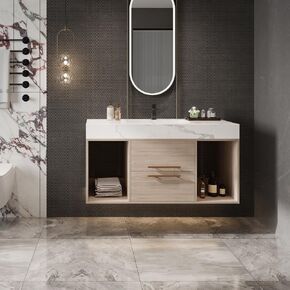 39.4 '' Floating Bathroom Vanity with Ceramic sink,Wall Mounted Vanity 2 Soft Close Drawer and white slate top （White + Light Oak + Ceramic + Faux Marble + Solid Wood + Luxury + Modern + Ultra-Modern）