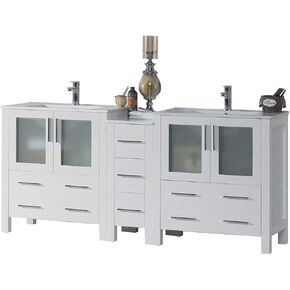 Blossom 102-In. Solid Wood Double Bathroom Vanity w/Ceramic Sinks, Side Cabinet and Double Mirror Linen Closet | Freestanding Vanity Cabinet | Soft-Close Drawers & Tempered Glass Doors (Espresso)