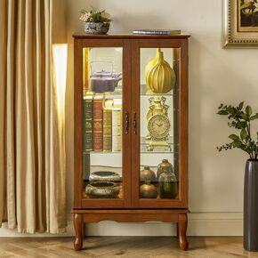 Curio Cabinet Lighted Curio Diapaly Cabinet with Adjustable Shelves and Mirrored Back Panel, Tempered Glass Doors (3 Tier), (E26 Light Bulb not Included) (Oak + MDF)