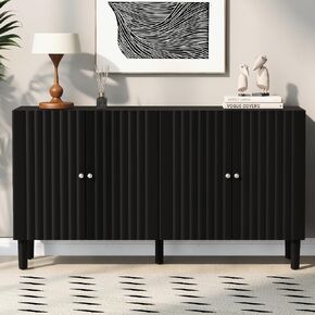 U_Style Elegant Four-Door Sideboard with Wavy Pattern Doors, Cylindrical Legs, and Sleek Metal Handles, Adjustable, Suitable for Study, Entryway and Living Room