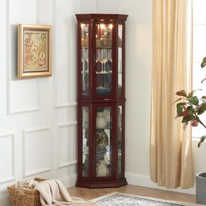 Corner Curio Cabinet with Lights, Adjustable Tempered Glass Shelves, Mirrored Back, Display Cabinet (E26 Light Bulb not Included) (Cherry + MDF)