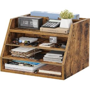 Desk File Organizer - Wooden Desk Organizer - Paper Letter Tray with Vertical 1 File Holder and 4 Adjustable Shelf - Mail Sorter for Home Office School Supplies Accessories