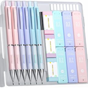 Four Candies Pastel Mechanical Pencil Set - 6PCS 0.5 mm & 0.7mm Pencils with 360PCS HB #2 Lead Refills, 3PCS Erasers and 9PCS Eraser Refills, Cute School Supplies Stuff for Student Writing Drawing