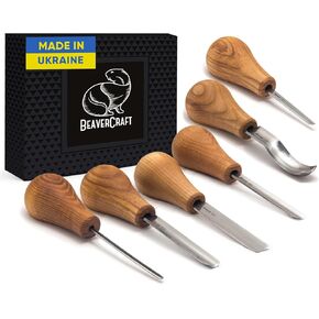 BeaverCraft Wood Carving Gouges Kit SC05 - Wood Carving Chisels Set with Palm Gouge & Flat Straight Chisel, Rounded Short Bent, V-chisels - Whittling Knives, Tools for Beginners and Profi Carvers