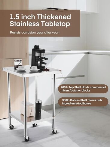 FOHERE Stainless Steel Table, Prep Table W/4 Caster Wheels, NSF Metal Table for Restaurant, Home and Hotel (24×24 in) in Kuwait