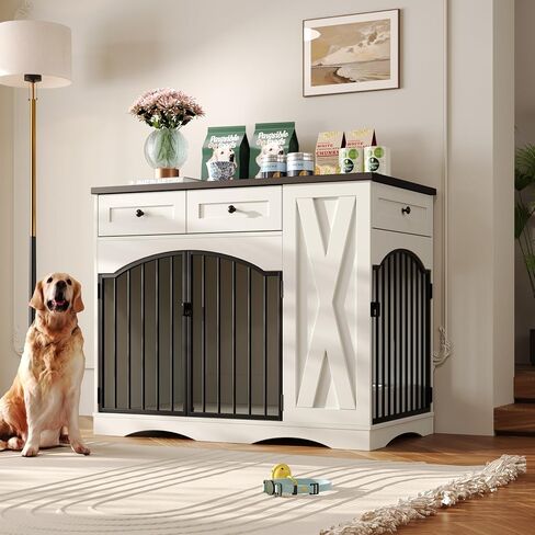 Dog Crate Furniture for Medium Large Dogs, Double-Door Kennel with Removable Bowls, Indoor Storage Drawers Heavy Duty Dog House Cage in Saudi Arabia