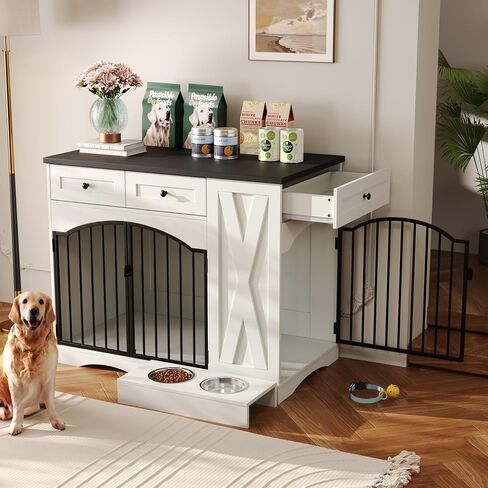 Dog Crate Furniture for Medium Large Dogs, Double-Door Kennel with Removable Bowls, Indoor Storage Drawers Heavy Duty Dog House Cage in Saudi Arabia