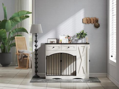 Dog Crate Furniture for Medium Large Dogs, Double-Door Kennel with Removable Bowls, Indoor Storage Drawers Heavy Duty Dog House Cage in Saudi Arabia