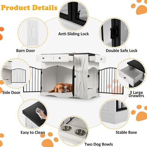 Dog Crate Furniture for Medium Large Dogs, Double-Door Kennel with Removable Bowls, Indoor Storage Drawers Heavy Duty Dog House Cage in Saudi Arabia