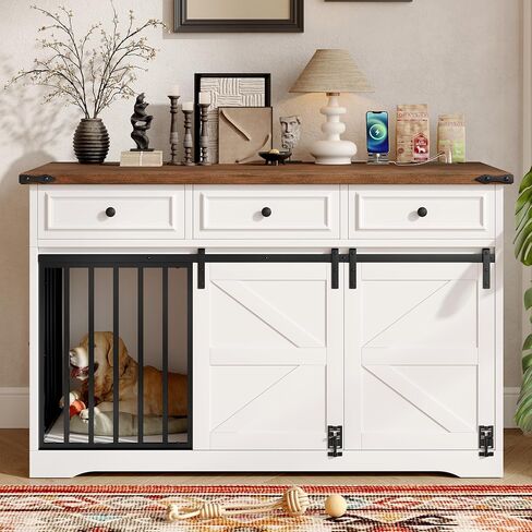 Dog Crate Furniture for Medium Large Dogs, Double-Door Kennel with Removable Bowls, Indoor Storage Drawers Heavy Duty Dog House Cage in Saudi Arabia