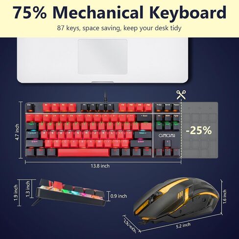CHONCHOW 75% Mechanical Gaming Keyboard and Mouse Combo, 87 Keys TKL, Blue Switch, Mini Wired Keyboard with LED Backlit, RGB Light Up Mouse 1200-4200 DPI for Ps4 Xbox PC Laptop Mac Windows (Black-Red) in Saudi Arabia