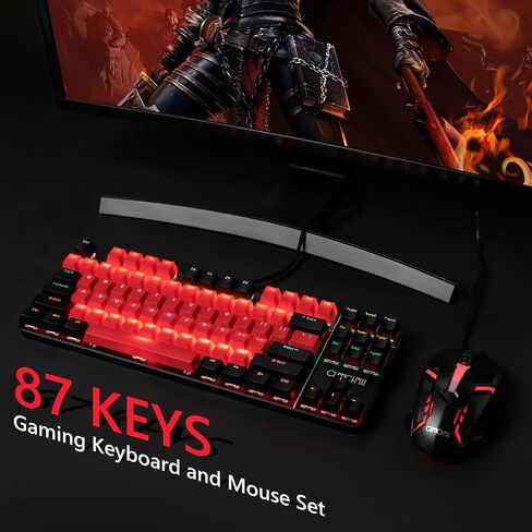 CHONCHOW 75% Mechanical Gaming Keyboard and Mouse Combo, 87 Keys TKL, Blue Switch, Mini Wired Keyboard with LED Backlit, RGB Light Up Mouse 1200-4200 DPI for Ps4 Xbox PC Laptop Mac Windows (Black-Red) in Saudi Arabia