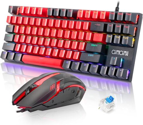CHONCHOW 75% Mechanical Gaming Keyboard and Mouse Combo, 87 Keys TKL, Blue Switch, Mini Wired Keyboard with LED Backlit, RGB Light Up Mouse 1200-4200 DPI for Ps4 Xbox PC Laptop Mac Windows (Black-Red) in Saudi Arabia