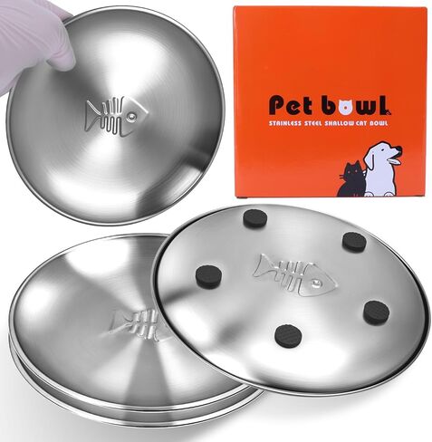Stainless Steel Cat Dishes with Fishbone Pattern, Metal Cat Food Dishes, 6.7" Wide Whisker Friendly Cats Plates, Cute Plates with Non-Slip Pad for Indoor Cats 4 PCS in Saudi Arabia