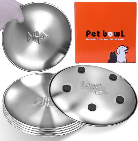 Stainless Steel Cat Dishes with Fishbone Pattern, Metal Cat Food Dishes, 6.7" Wide Whisker Friendly Cats Plates, Cute Plates with Non-Slip Pad for Indoor Cats 4 PCS in Saudi Arabia