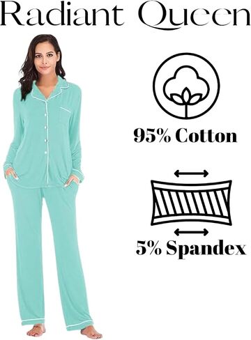 طقم بيجامة نسائي 95% قطن 5% سباندكس ملابس نوم طويلة الأكمام بلوزات وسراويل قطعتين طقم بيجاما فيروزي XS - 2XL in Saudi Arabia