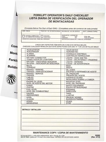 Forklift Operator Daily Checklist 25-pk. - Bilingual, Book Format with 31 Sets, 2-Ply, Carbonless, 5.5" x 8.5", Safety & Maintenance Forklift Checklist Inspection Book, J. J. Keller & Associates, Inc. in Saudi Arabia