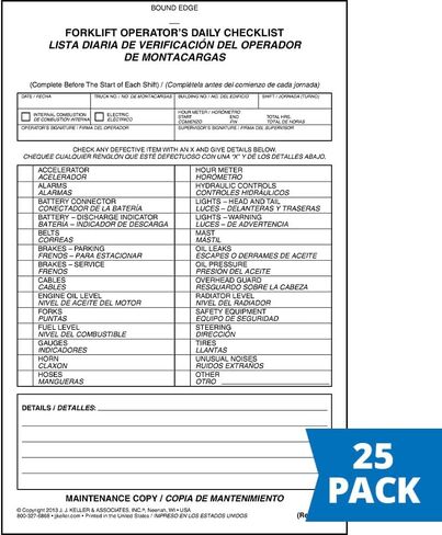 Forklift Operator Daily Checklist 25-pk. - Bilingual, Book Format with 31 Sets, 2-Ply, Carbonless, 5.5" x 8.5", Safety & Maintenance Forklift Checklist Inspection Book, J. J. Keller & Associates, Inc. in Saudi Arabia