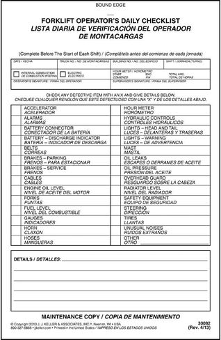 Forklift Operator Daily Checklist 25-pk. - Bilingual, Book Format with 31 Sets, 2-Ply, Carbonless, 5.5" x 8.5", Safety & Maintenance Forklift Checklist Inspection Book, J. J. Keller & Associates, Inc. in Saudi Arabia