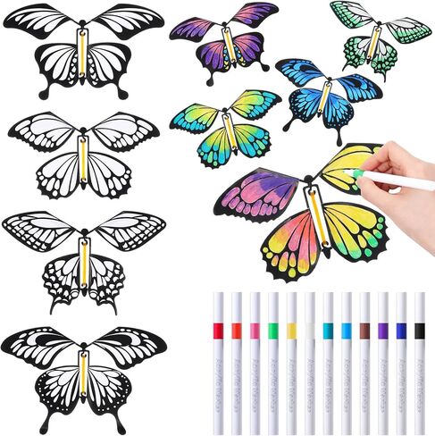 44 PCS Flying Butterfly Craft Kit مع 32 WIND UP Butterflies و 12 Pens Pelects Paint Paint White Paper Butterflies DIY DIY Game School Activity Hight (Style 2) in Kuwait