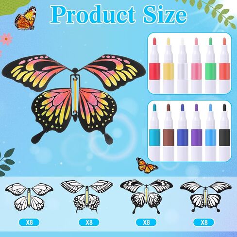 44 PCS Flying Butterfly Craft Kit مع 32 WIND UP Butterflies و 12 Pens Pelects Paint Paint White Paper Butterflies DIY DIY Game School Activity Hight (Style 2) in Kuwait