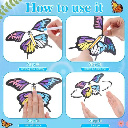 44 PCS Flying Butterfly Craft Kit مع 32 WIND UP Butterflies و 12 Pens Pelects Paint Paint White Paper Butterflies DIY DIY Game School Activity Hight (Style 2) in Kuwait