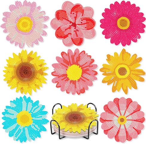 Leatrice 8PCS Flower Diamond Art Coasters Small Diamond Painting Kits for Adults Beginners Women Gem Art Coasters with Holder Funny DIY Crafts for Home Decor in Kuwait