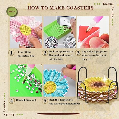 Leatrice 8PCS Flower Diamond Art Coasters Small Diamond Painting Kits for Adults Beginners Women Gem Art Coasters with Holder Funny DIY Crafts for Home Decor in Kuwait