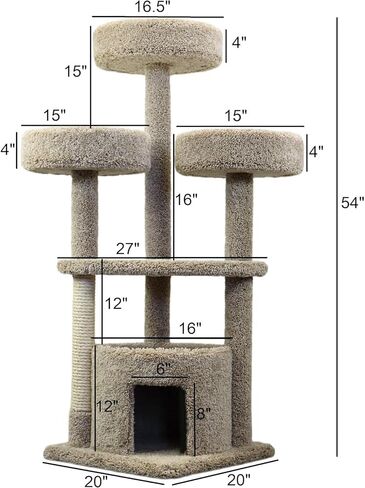 Artisanal Artistry Cat Penthouse, Ideal for Large Cats and Multiple Cats, Large Cat Tree with Sturdy Base, Staggered Perches and Scratch Post Neutral/24 D x 24" W x 67" H in Saudi Arabia