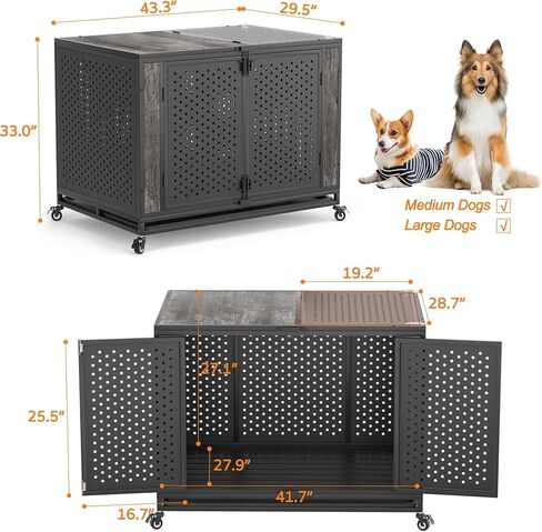 REXWELTEN 42" Heavy Duty Dog Crate Furniture for Large and Medium Dogs, Enclosed Design with 0.5 inch Holes, Indestructible Metal Kennel for High Anxiety Dogs, Chew Proof Pet House Cage Indoor, Brown in Saudi Arabia