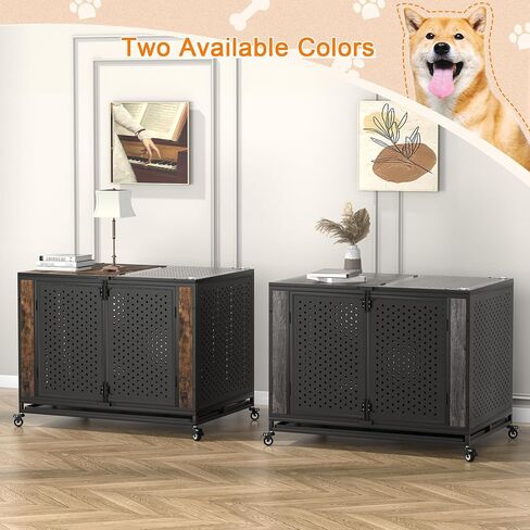 REXWELTEN 42" Heavy Duty Dog Crate Furniture for Large and Medium Dogs, Enclosed Design with 0.5 inch Holes, Indestructible Metal Kennel for High Anxiety Dogs, Chew Proof Pet House Cage Indoor, Brown in Saudi Arabia