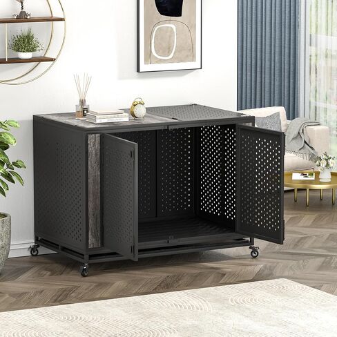 REXWELTEN 42" Heavy Duty Dog Crate Furniture for Large and Medium Dogs, Enclosed Design with 0.5 inch Holes, Indestructible Metal Kennel for High Anxiety Dogs, Chew Proof Pet House Cage Indoor, Brown in Saudi Arabia