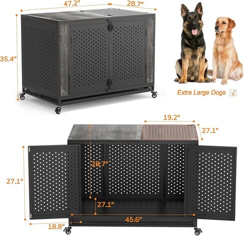 REXWELTEN 42" Heavy Duty Dog Crate Furniture for Large and Medium Dogs, Enclosed Design with 0.5 inch Holes, Indestructible Metal Kennel for High Anxiety Dogs, Chew Proof Pet House Cage Indoor, Brown in Saudi Arabia