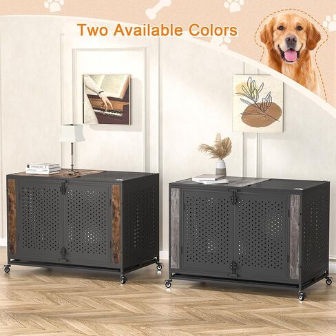 REXWELTEN 42" Heavy Duty Dog Crate Furniture for Large and Medium Dogs, Enclosed Design with 0.5 inch Holes, Indestructible Metal Kennel for High Anxiety Dogs, Chew Proof Pet House Cage Indoor, Brown in Saudi Arabia