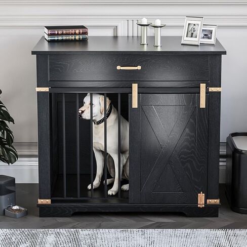 LZUUOB 37.8'' Dog Crate Furniture with Storage Drawer, Decorative Wooden Dog Kennel with Sliding Barn Door, Indoor Water Resistant Cage for Pet, Small, Medium, Large Dog (Black Gold Oak) in Kuwait