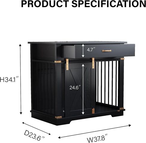LZUUOB 37.8'' Dog Crate Furniture with Storage Drawer, Decorative Wooden Dog Kennel with Sliding Barn Door, Indoor Water Resistant Cage for Pet, Small, Medium, Large Dog (Black Gold Oak) in Kuwait