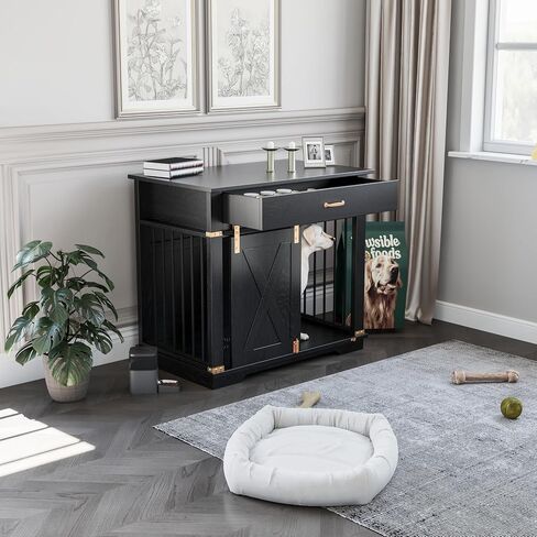 LZUUOB 37.8'' Dog Crate Furniture with Storage Drawer, Decorative Wooden Dog Kennel with Sliding Barn Door, Indoor Water Resistant Cage for Pet, Small, Medium, Large Dog (Black Gold Oak) in Kuwait