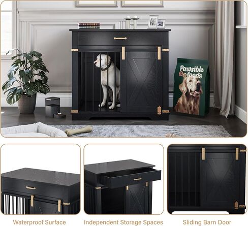 LZUUOB 37.8'' Dog Crate Furniture with Storage Drawer, Decorative Wooden Dog Kennel with Sliding Barn Door, Indoor Water Resistant Cage for Pet, Small, Medium, Large Dog (Black Gold Oak) in Kuwait