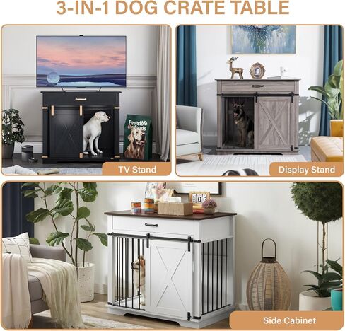 LZUUOB 37.8'' Dog Crate Furniture with Storage Drawer, Decorative Wooden Dog Kennel with Sliding Barn Door, Indoor Water Resistant Cage for Pet, Small, Medium, Large Dog (Black Gold Oak) in Kuwait