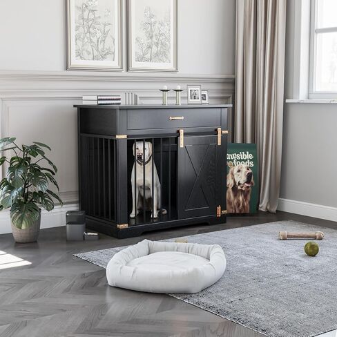 LZUUOB 37.8'' Dog Crate Furniture with Storage Drawer, Decorative Wooden Dog Kennel with Sliding Barn Door, Indoor Water Resistant Cage for Pet, Small, Medium, Large Dog (Black Gold Oak) in Kuwait