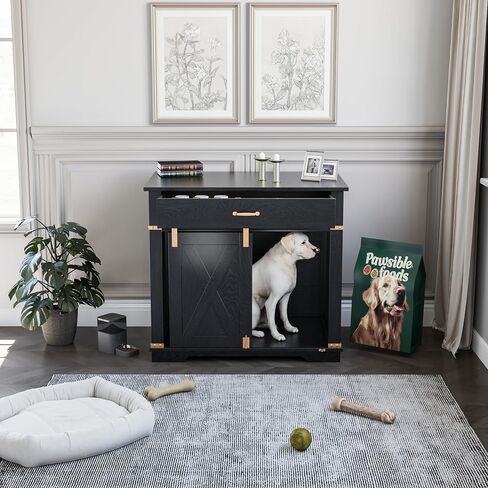 LZUUOB 37.8'' Dog Crate Furniture with Storage Drawer, Decorative Wooden Dog Kennel with Sliding Barn Door, Indoor Water Resistant Cage for Pet, Small, Medium, Large Dog (Black Gold Oak) in Kuwait