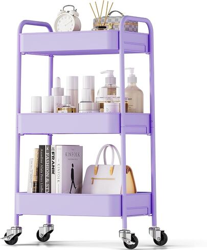 TOOLF 3-Tier Metal Rolling Cart with Wheels, Storage Utility Organizer Cart for Kitchen, Bathroom, Office, Baby Essentials & Makeup - Lockable Casters, Easy Assembly, Large Capacity, White in Kuwait