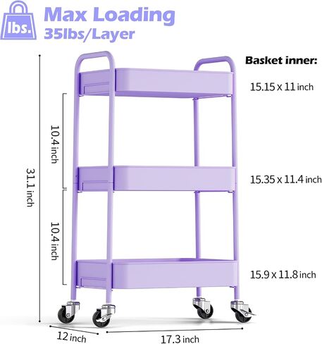 TOOLF 3-Tier Metal Rolling Cart with Wheels, Storage Utility Organizer Cart for Kitchen, Bathroom, Office, Baby Essentials & Makeup - Lockable Casters, Easy Assembly, Large Capacity, White in Kuwait